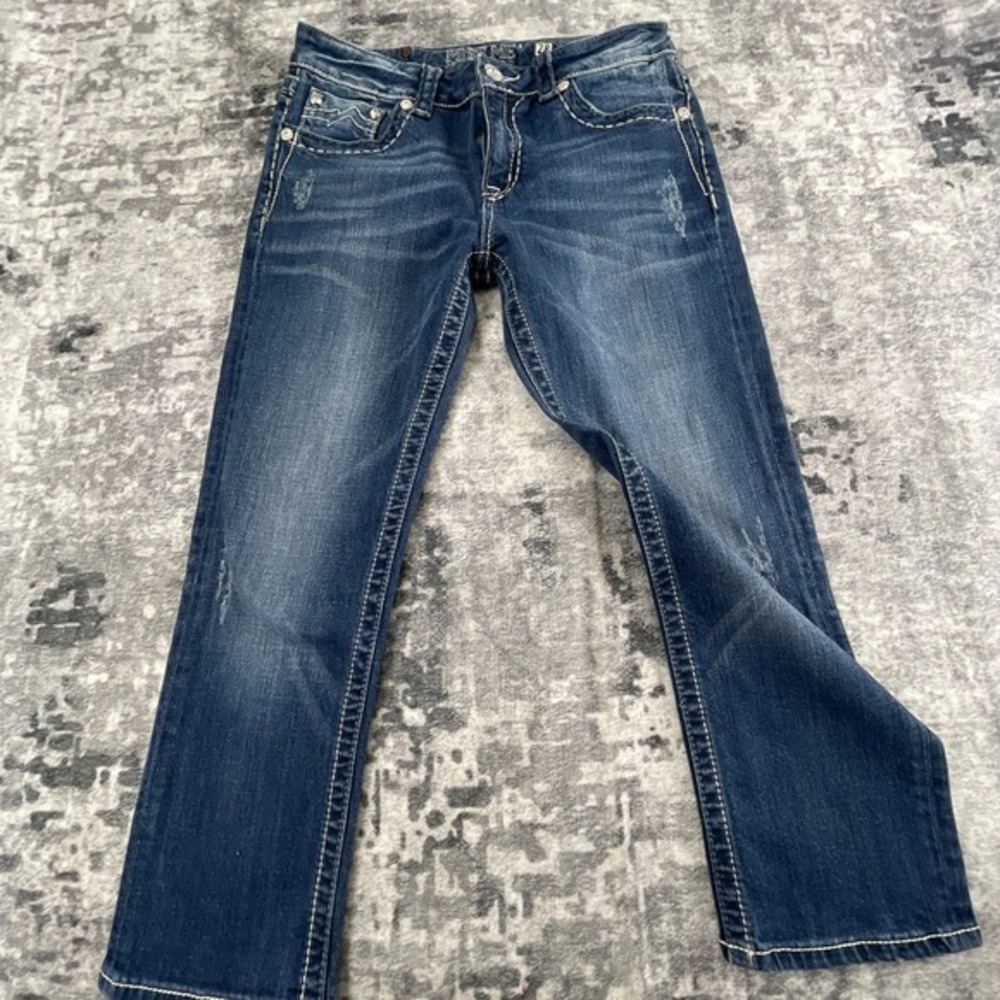 Miss Me Women 28 Boyfriend Capri Jeans Blue Distressed Embellished Whiskered